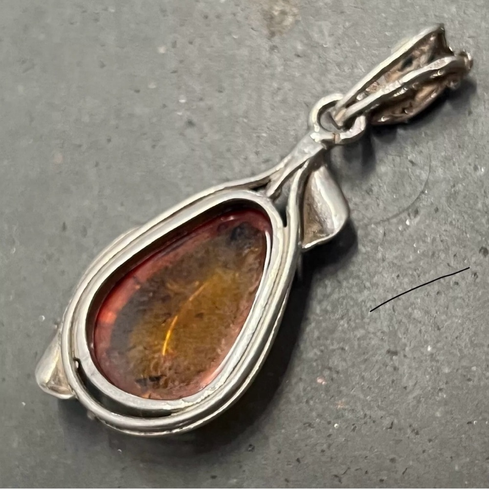 Teardrop Shaped Amber and Intricately Designed Silver Pendant - Picture 5 of 8